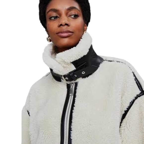 New cream Shearling Bomber Jacket faux Leather Black Trim Sz L - Picture 3 of 12